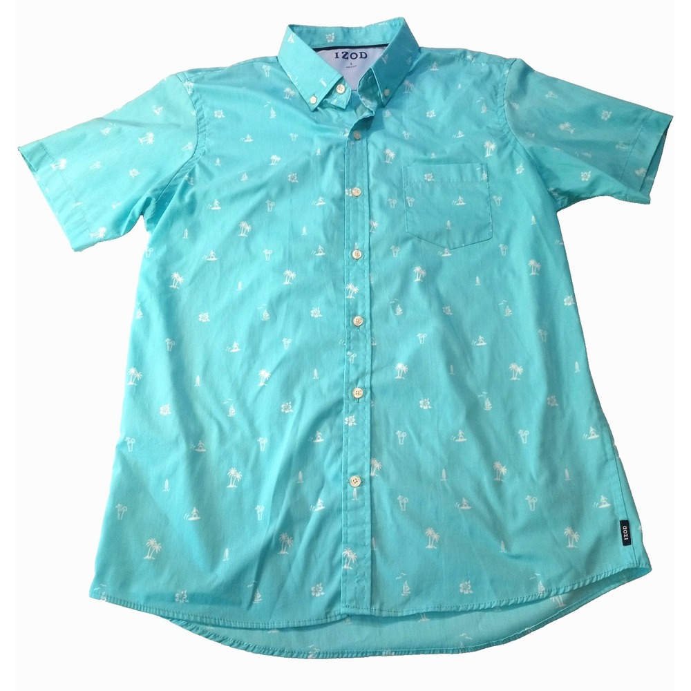 Men's Izod Short‎ Sleeve Button Down Shirt, Large, Island Print